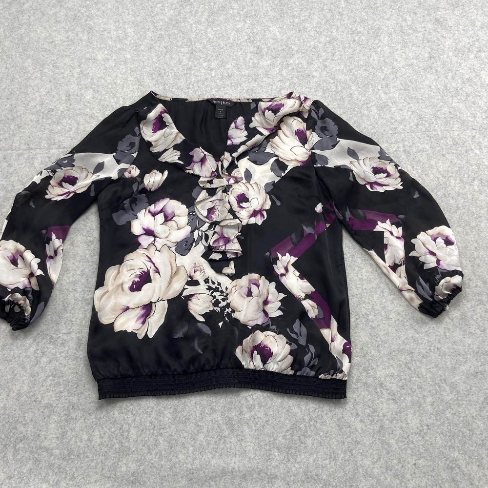 White House Black Market Blouse Womens Small Black Silk Floral Ruffle 3/4 Sleeve